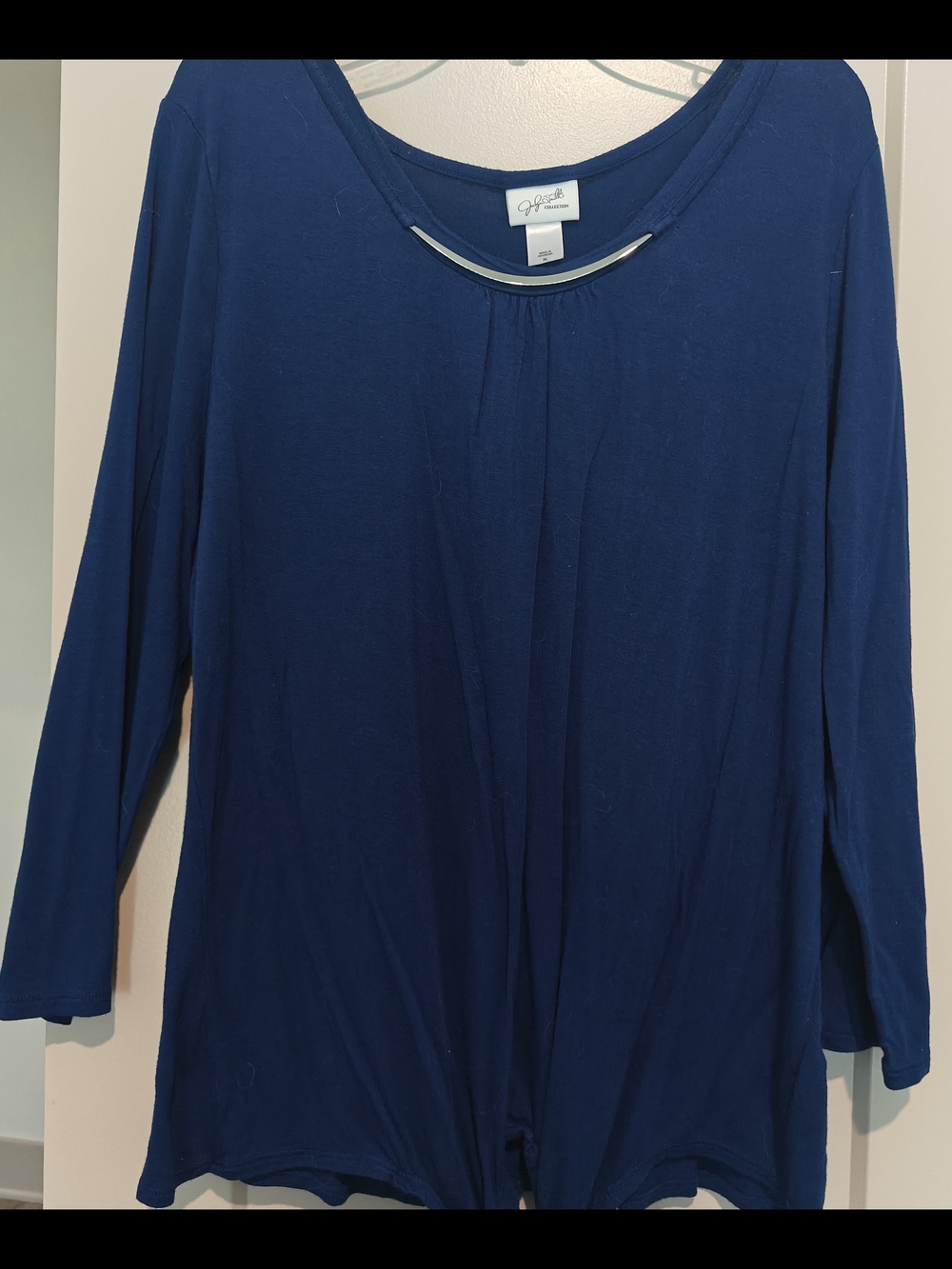 Jacklyn Smith Collection Deep Blue Long Sleeve Scoop Neck Top with Metal Accent